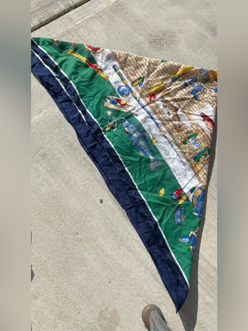 Echo Fishing Motif Triangle Scarf in Green, Navy, Beige